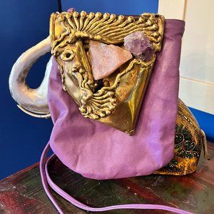 Vintage 1970's Carvalhu's Brutalist Amethyst,Pink Quartz ,Brass & Purple Leather